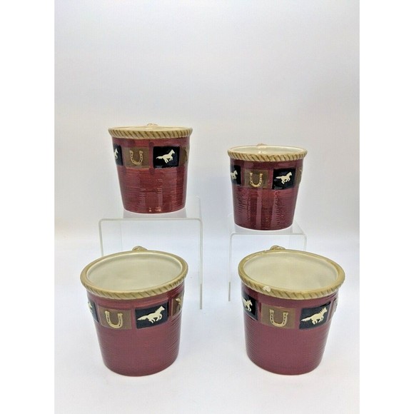 Sonoma Home Happy Trails Red 16 oz Ceramic Coffee Tea Mugs Western Horse Set 4 - Picture 7 of 10